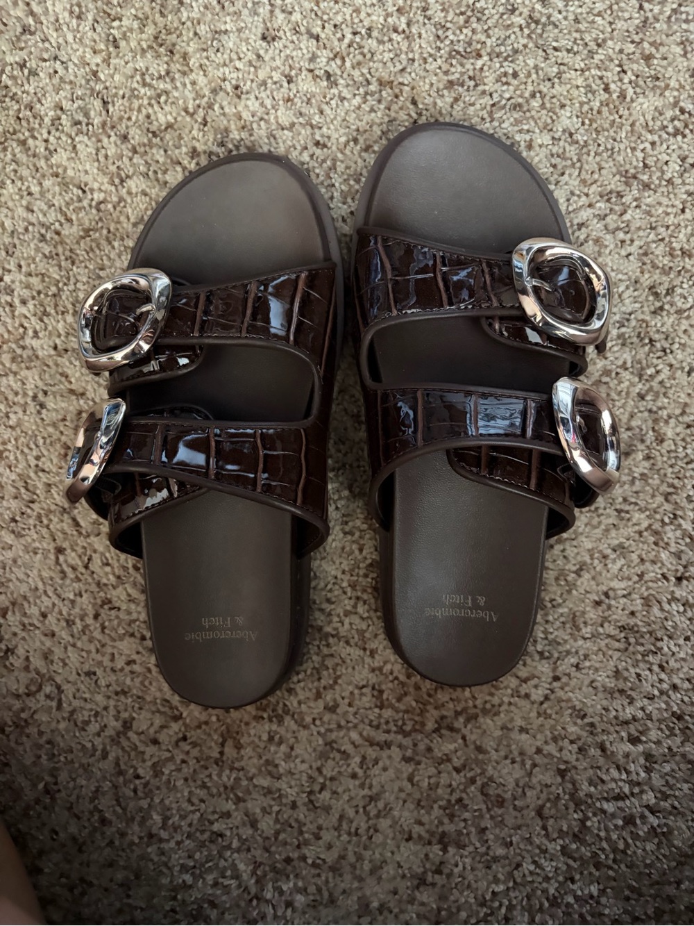 Women’s Brown Croc-Embossed Buckle Slide Sandals